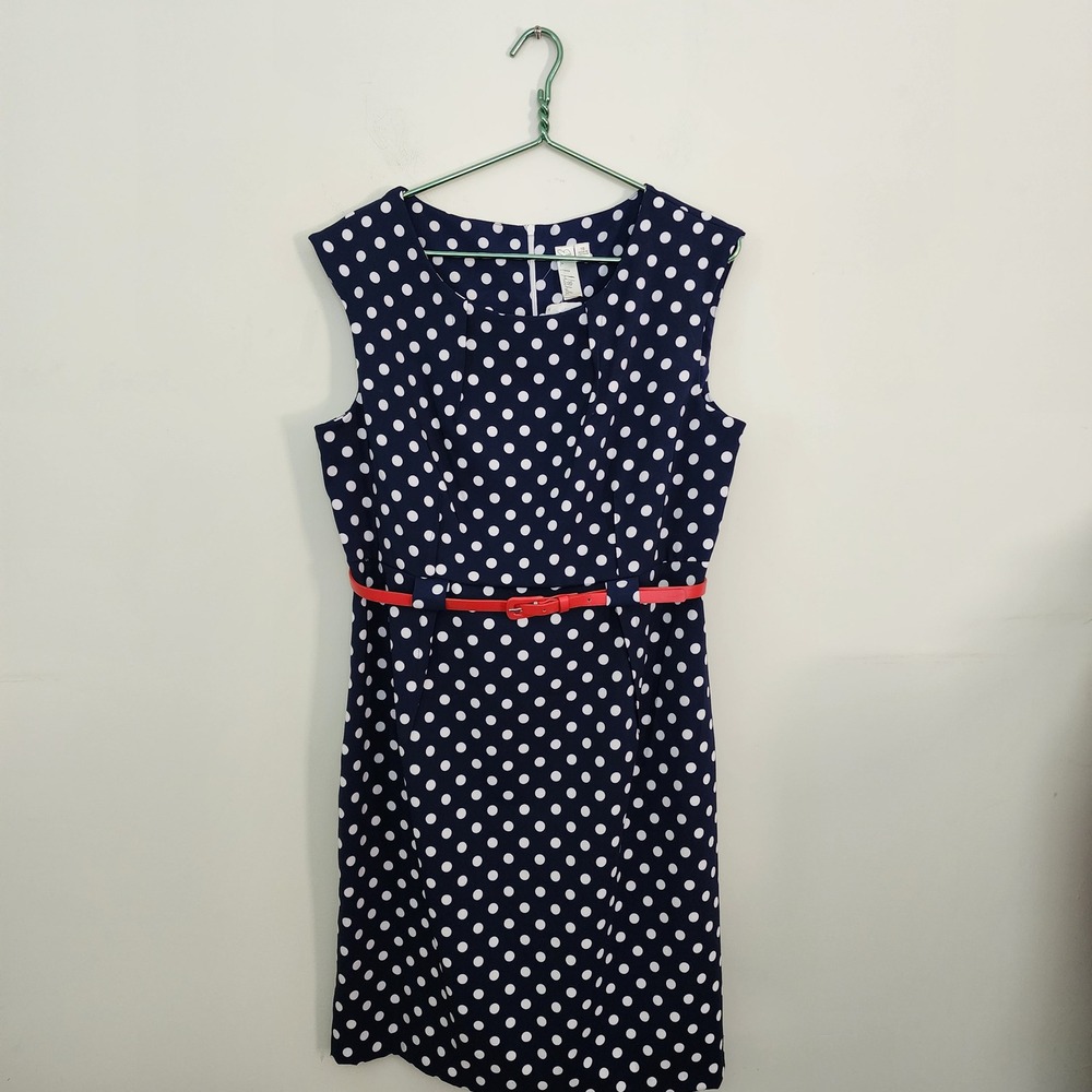 ⭐️ Emma & Michele Navy Blue Polka Dot Sleeveless Sheath Dress Red Belt Sz 16